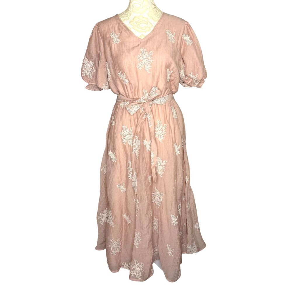 Orange Creek Midi Dress Fit Flare Embroidered Puff Sleeve Blush Peach S